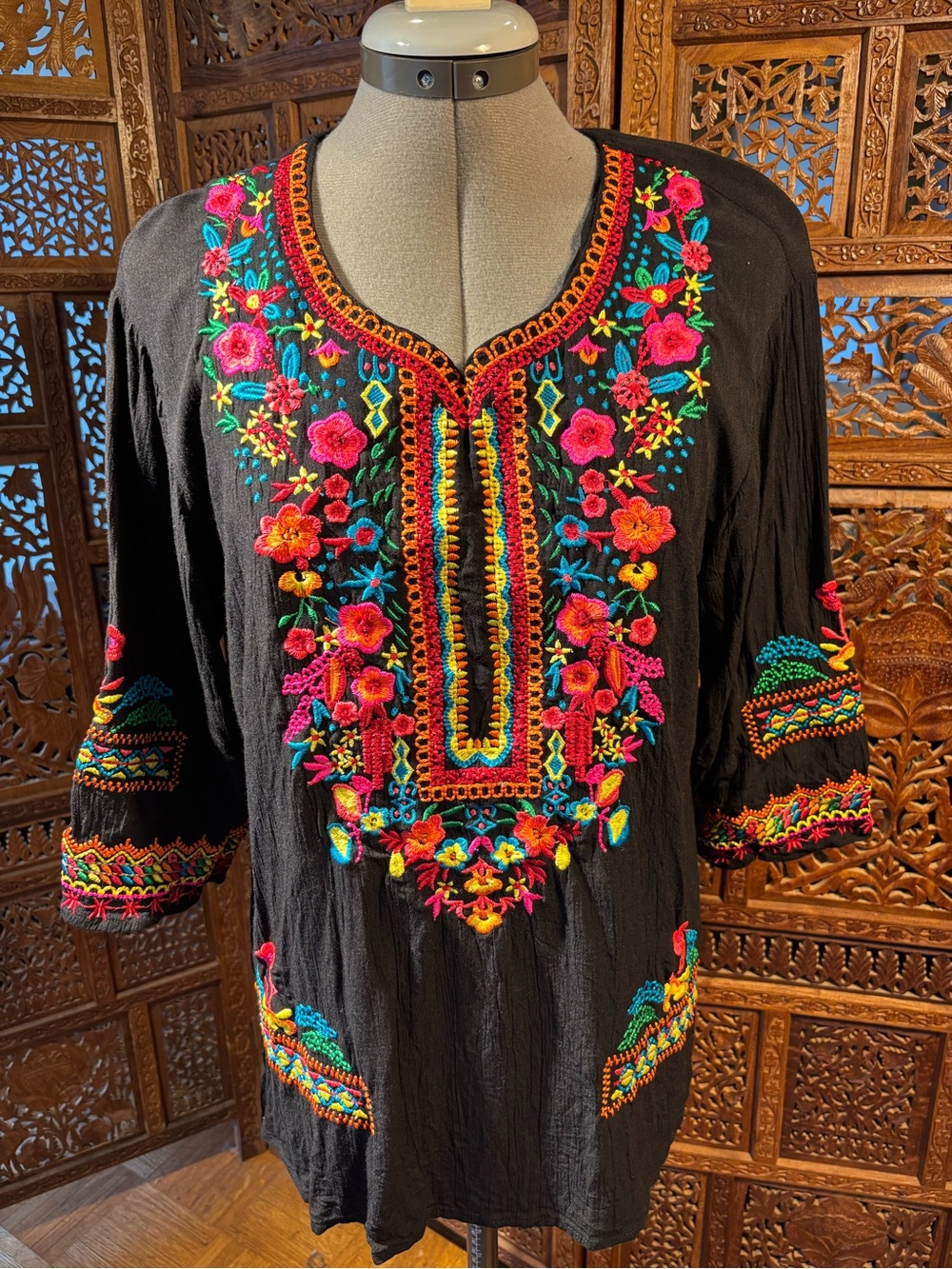 Embroidered Black Boho Tunic Top with Multicolor Floral Stitching